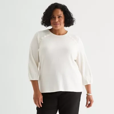 Liz Claiborne Womens Plus Crew Neck 3/4 Sleeve Blouse
