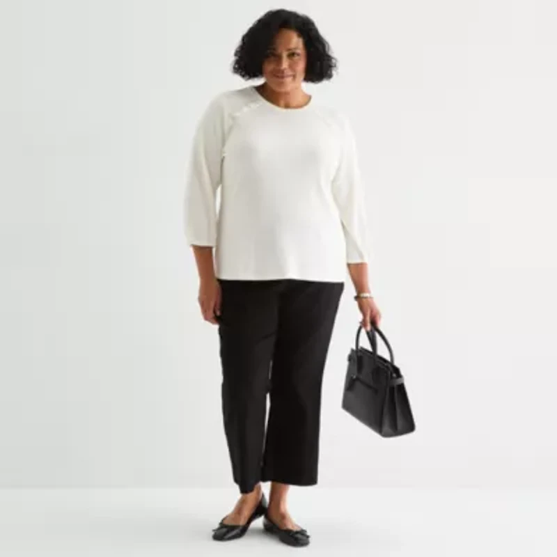 Liz Claiborne Womens Plus Crew Neck 3/4 Sleeve Blouse