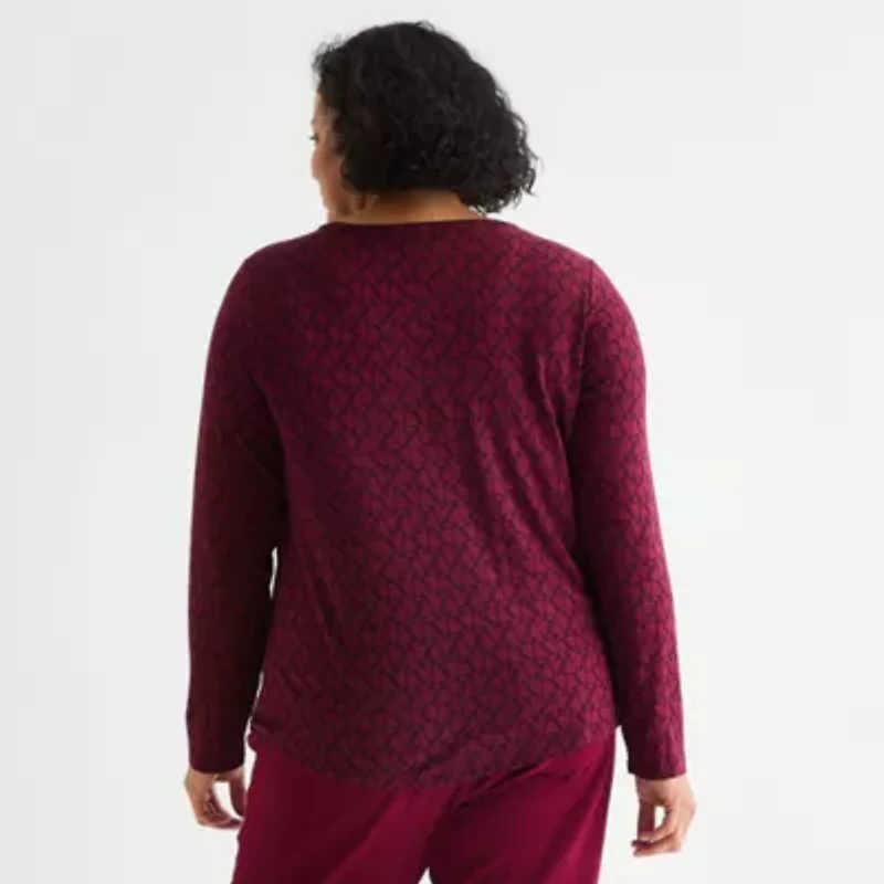 Liz Claiborne Womens Plus Split Crew Neck Long Sleeve Blouse