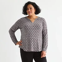 Liz Claiborne Womens Plus Split Crew Neck Long Sleeve Blouse