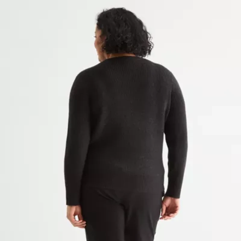 Liz Claiborne Plus Womens Crew Neck Embellished Long Sleeve Pullover Sweater