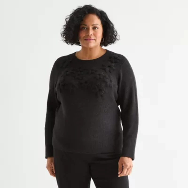 Liz Claiborne Plus Womens Crew Neck Embellished Long Sleeve Pullover Sweater