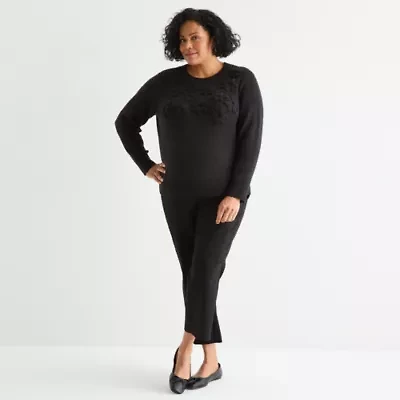Liz Claiborne Plus Womens Crew Neck Embellished Long Sleeve Pullover Sweater