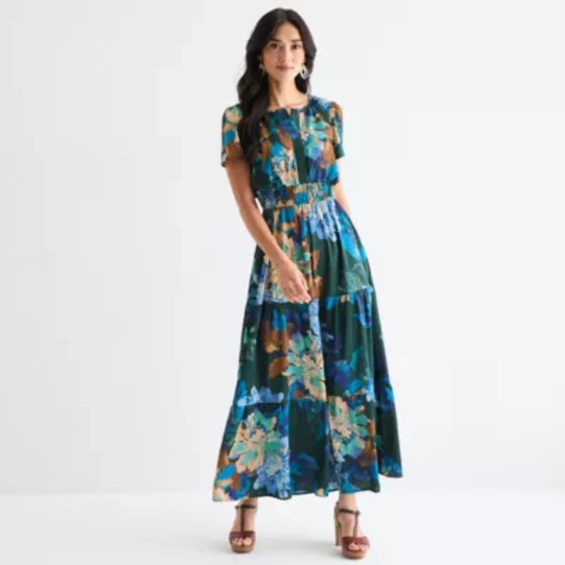 Be by CHETTA B Womens Short Sleeve Floral Maxi Dress