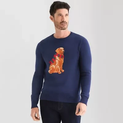 St. John's Bay Intarsia Dog Mens Crew Neck Long Sleeve Pullover Sweater