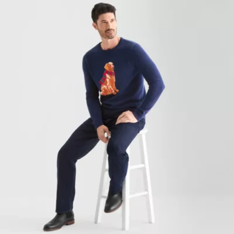 St. John's Bay Intarsia Dog Mens Crew Neck Long Sleeve Pullover Sweater