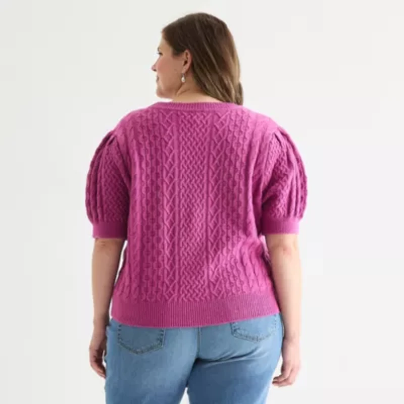 St. John's Bay Plus Womens Crew Neck Short Sleeve Cable Knit Cardigan