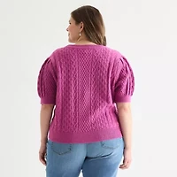 St. John's Bay Plus Womens Crew Neck Short Sleeve Cable Knit Cardigan