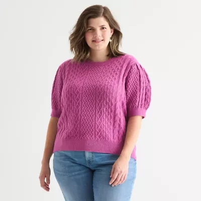St. John's Bay Plus Womens Crew Neck Short Sleeve Cable Knit Cardigan