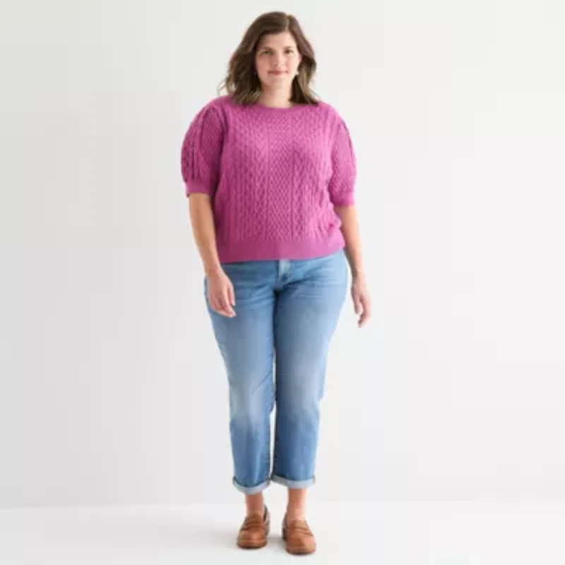 St. John's Bay Plus Womens Crew Neck Short Sleeve Cable Knit Cardigan