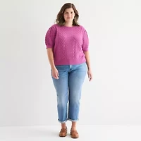 St. John's Bay Plus Womens Crew Neck Short Sleeve Cable Knit Cardigan