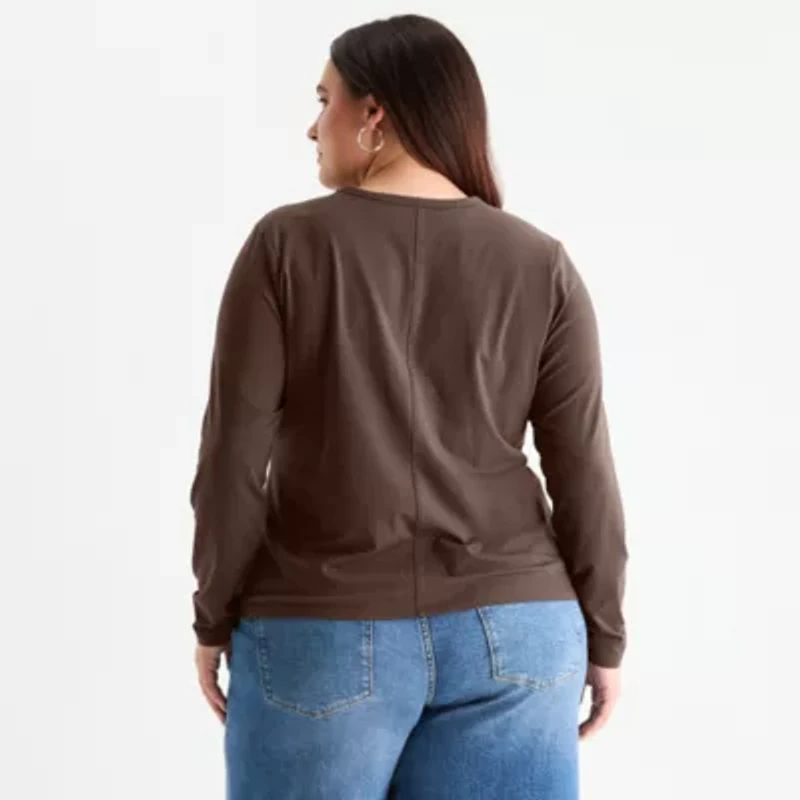 a.n.a Womens Plus Round Neck Long Sleeve T-Shirt