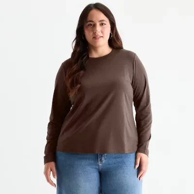 a.n.a Womens Plus Round Neck Long Sleeve T-Shirt