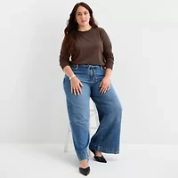a.n.a Womens Round Neck Long Sleeve Plus T-Shirt