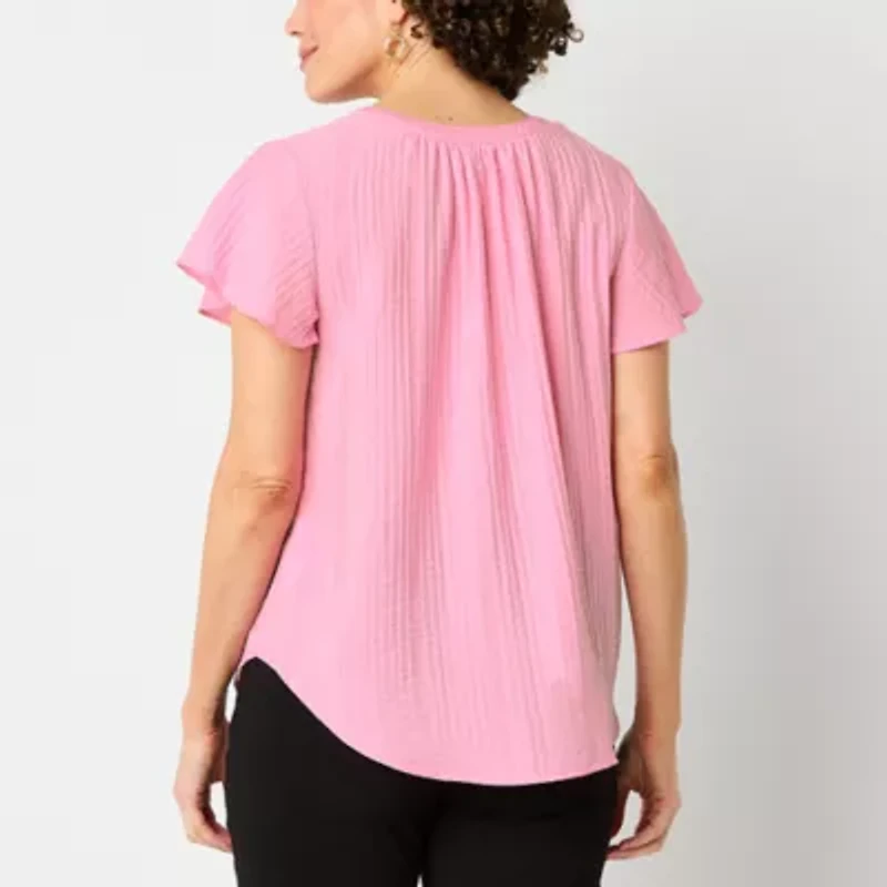 Liz Claiborne Womens Split Crew Neck Short Sleeve Plus Blouse