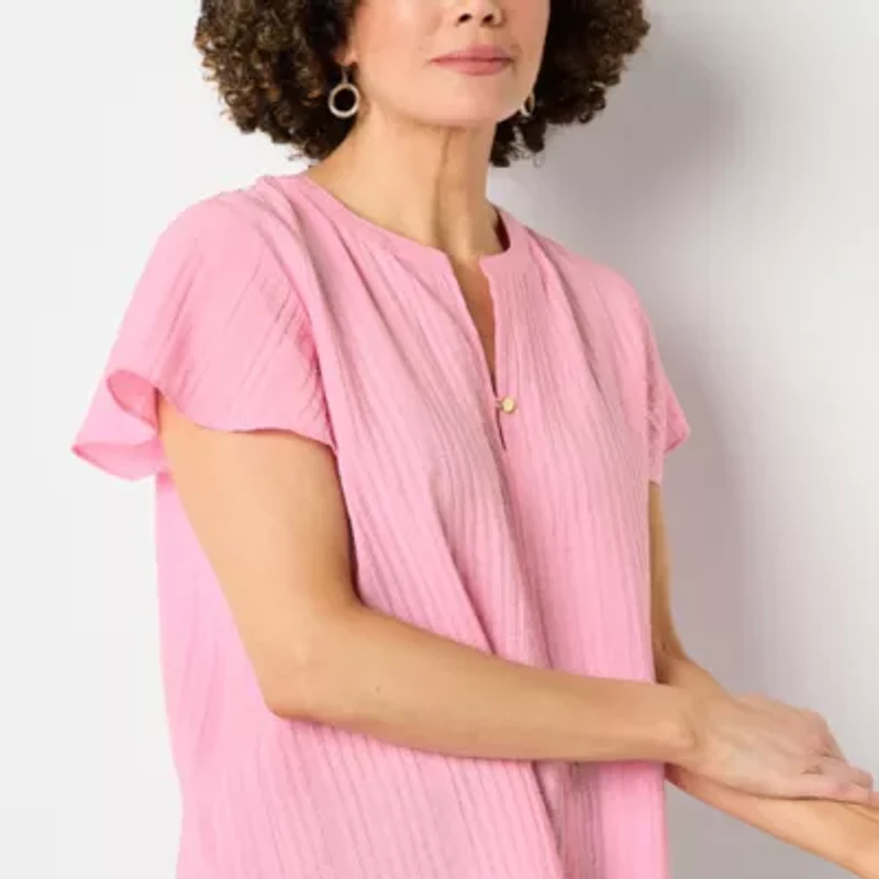 Liz Claiborne Womens Split Crew Neck Short Sleeve Plus Blouse