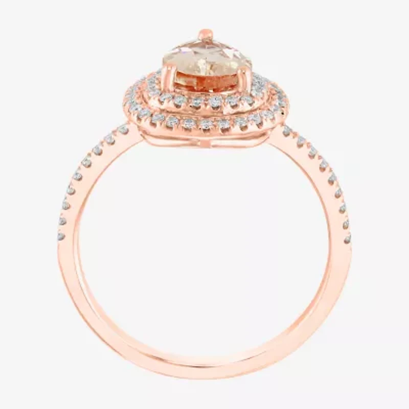 Effy Final Call (H-I / I1-I2) Womens 1/4 CT. T.W. Genuine Pink Morganite 14K Rose Gold Pear Halo Side Stone Cocktail Ring