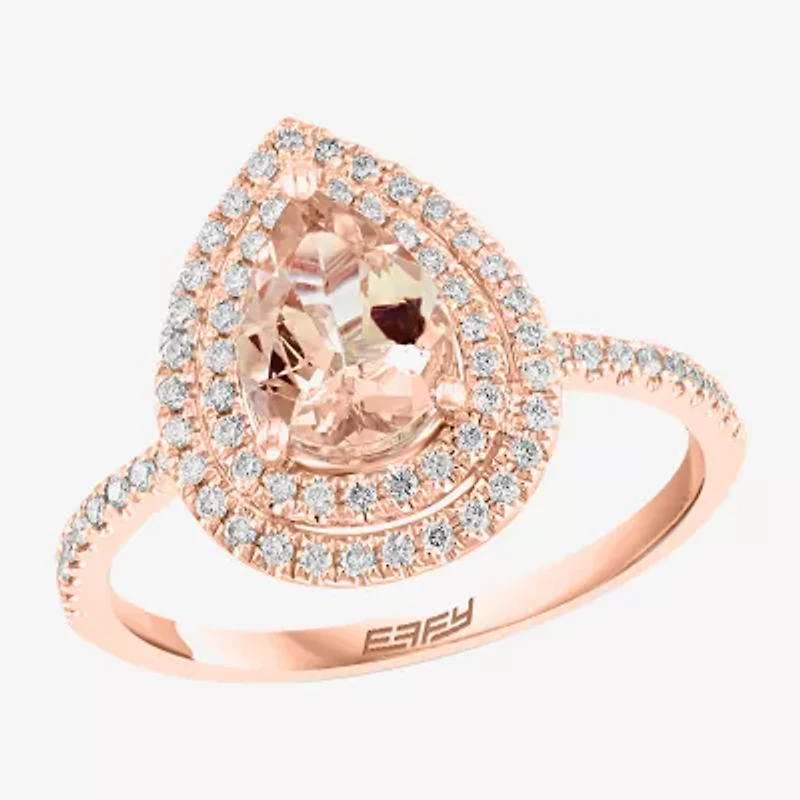 Effy Final Call (H-I / I1-I2) Womens 1/4 CT. T.W. Genuine Pink Morganite 14K Rose Gold Pear Halo Side Stone Cocktail Ring
