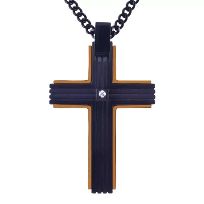 Mens White Cubic Zirconia Stainless Steel Cross 24 Inch Pendant Necklace