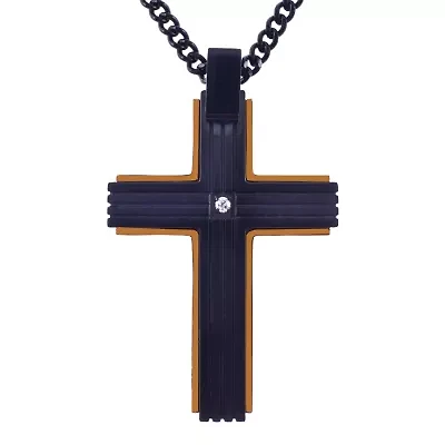 Mens White Cubic Zirconia Stainless Steel Cross 24 Inch Pendant Necklace