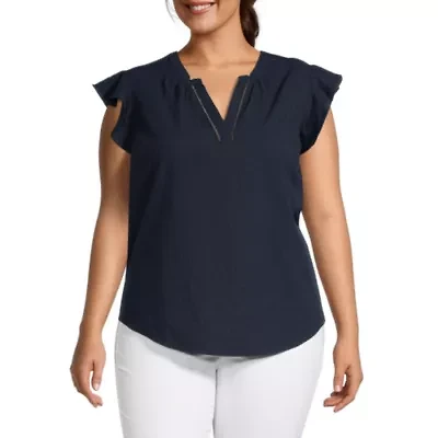 Liz Claiborne Womens Split Crew Neck Short Sleeve Plus Blouse