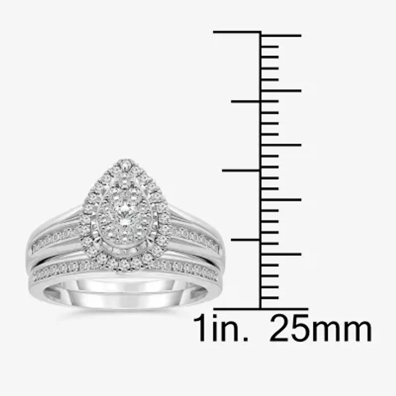 (I / I1) Womens 1 CT. T.W. Lab Grown White Diamond 10K Gold Pear Side Stone Bridal Set