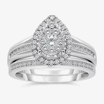 (I / I1) Womens 1 CT. T.W. Lab Grown White Diamond 10K Gold Pear Side Stone Bridal Set