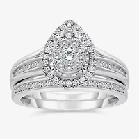 (I / I1) Womens 1 CT. T.W. Lab Grown White Diamond 10K Gold Pear Side Stone Bridal Set