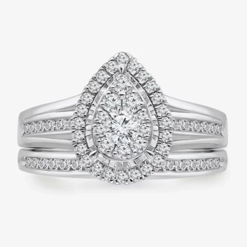 (I / I1) Womens 1 CT. T.W. Lab Grown White Diamond 10K Gold Pear Side Stone Bridal Set