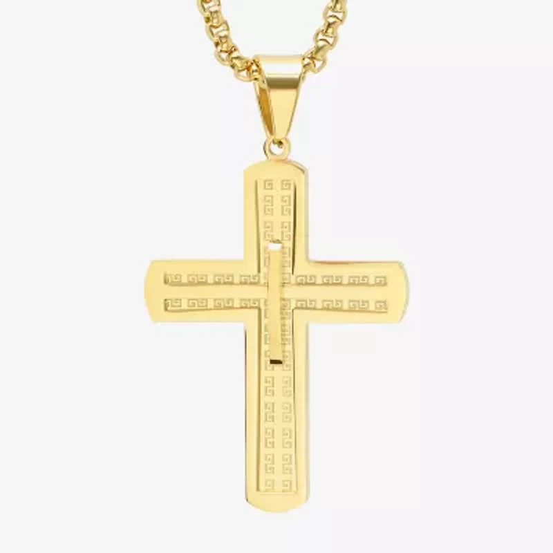 Steeltime Mens 18K Gold Over Stainless Steel Cross Hypoallergenic 24 Inch Pendant Necklace
