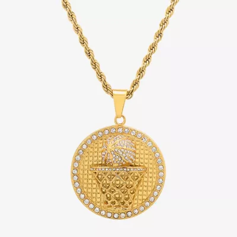 Steeltime Mens Crystal 18K Gold Over Stainless Steel Hypoallergenic 24 Inch Pendant Necklace