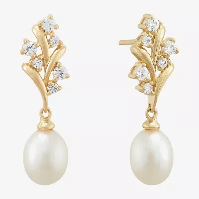 Womens White Cultured Freshwater Pearl 14K Gold Over Silver Sterling Silver Oval Drop Earrings