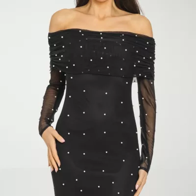 Premier Amour Off The Shoulder Womens Pearl Trim Long Sleeve Evening Gown