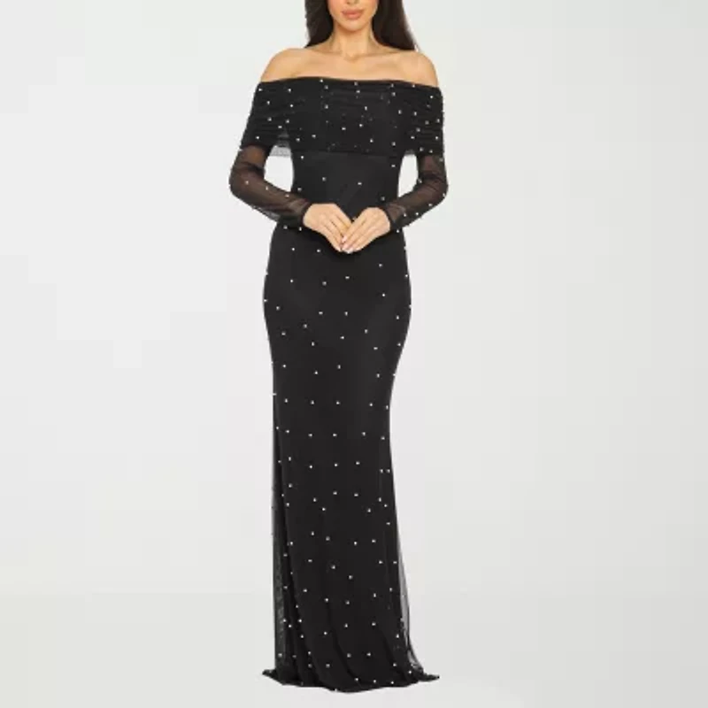 Premier Amour Off The Shoulder Womens Pearl Trim Long Sleeve Evening Gown