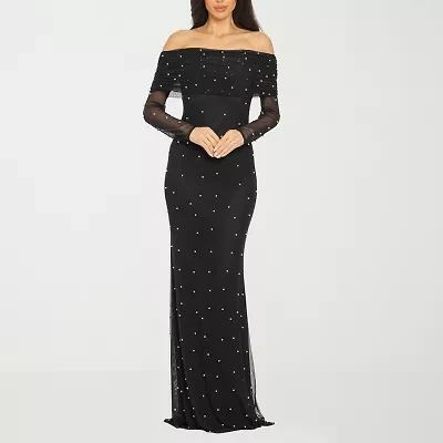Premier Amour Off The Shoulder Womens Pearl Trim Long Sleeve Evening Gown