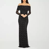 Premier Amour Off The Shoulder Womens Pearl Trim Long Sleeve Evening Gown