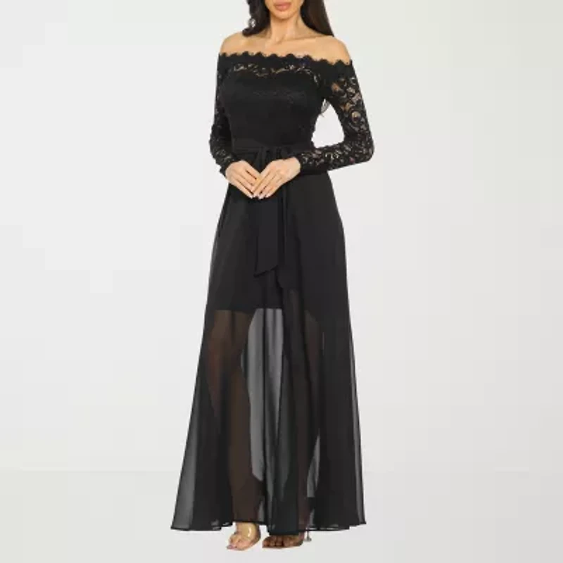 Premier Amour Off the Shoulder Long Sleeve Evening Gown