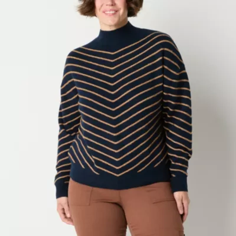 Liz Claiborne Womens Mock Neck Long Sleeve Striped Pullover Sweater