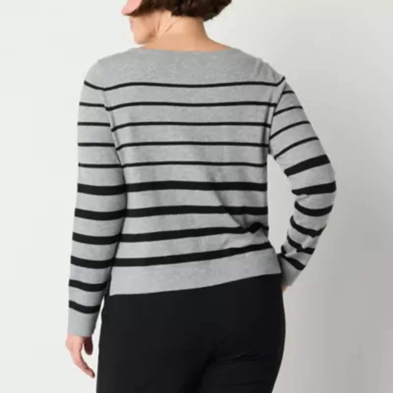 Liz Claiborne Womens Boat Neck Long Sleeve Striped Pullover Sweater
