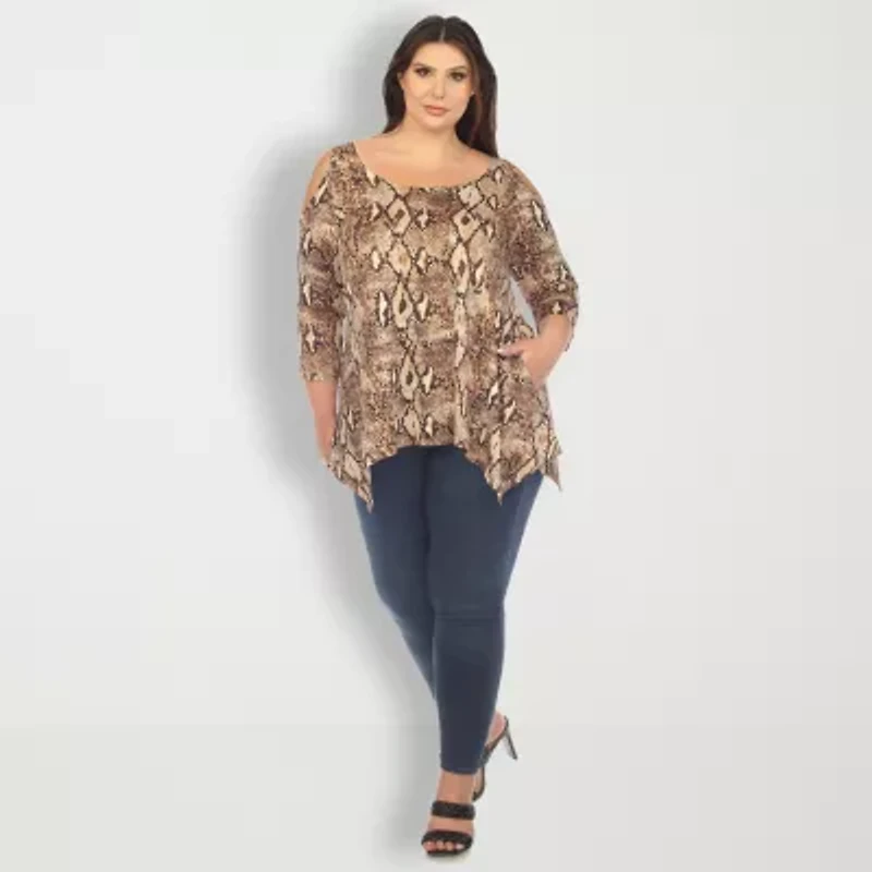 White Mark Plus Womens Scoop Neck 3/4 Sleeve Tunic Top