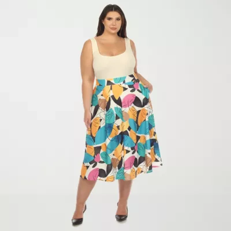 White Mark Womens Plus Adjustable Features Midi Pleated Skirt