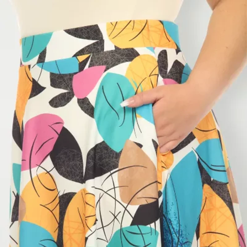 White Mark Womens Plus Adjustable Features Midi Pleated Skirt