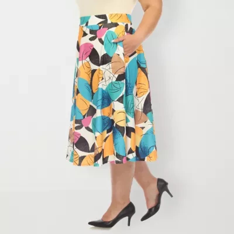 White Mark Womens Plus Adjustable Features Midi Pleated Skirt