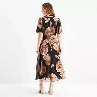 Melonie T Womens Short Sleeve Floral Midi Fit + Flare Dress