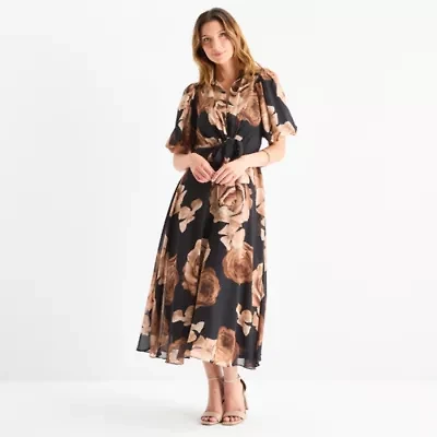 Melonie T Womens Short Sleeve Floral Midi Fit + Flare Dress
