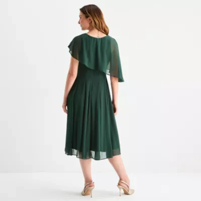 Danny & Nicole Womens Short Sleeve Overlay Midi Fit + Flare Dress