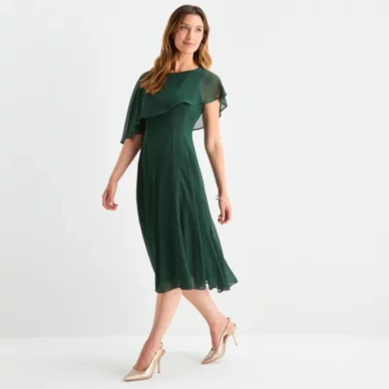 Danny & Nicole Womens Short Sleeve Overlay Midi Fit + Flare Dress