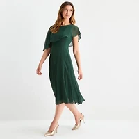 Danny & Nicole Womens Short Sleeve Overlay Midi Fit + Flare Dress