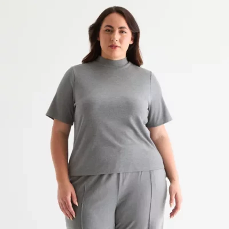 Stylus Womens Mock Neck Short Sleeve Plus T-Shirt