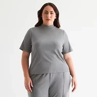 Stylus Womens Mock Neck Short Sleeve Plus T-Shirt